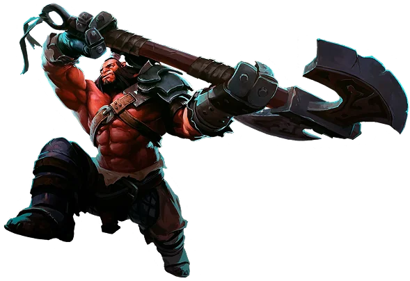 Bohater Dota 2, Axe, w pozycji bojowej z ogromnym toporem na fioletowym tle.
